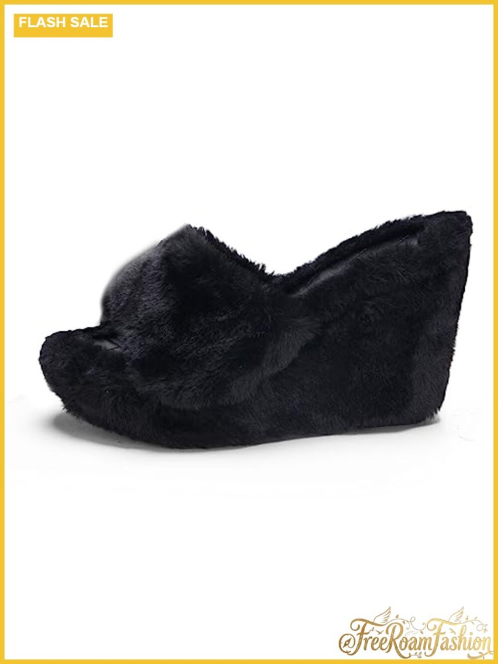 Faux Fur Wedge Platform Slippers Fluffy Open Toe Sandals 12cm Heel